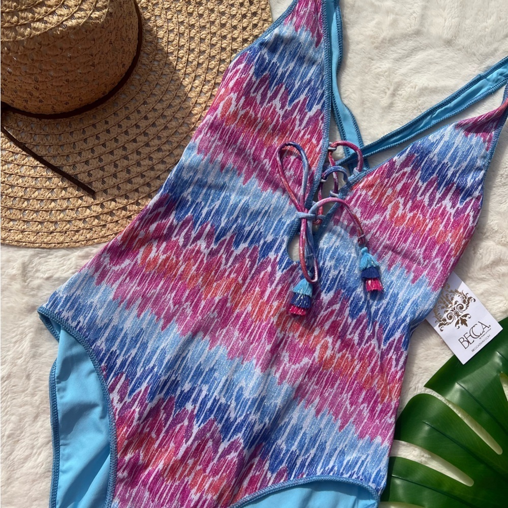 Becca Metallic Plunge Lace Up One Piece Swimsuit Joshua Tree Print NWT M - Picture 8 of 8